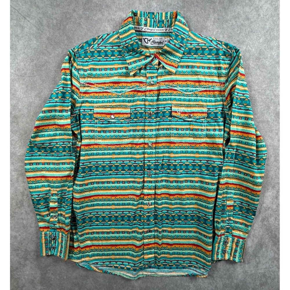 Cowgirl Hardware Womens Medium Western Shirt Turquoise Aztec Rhinestone Snap